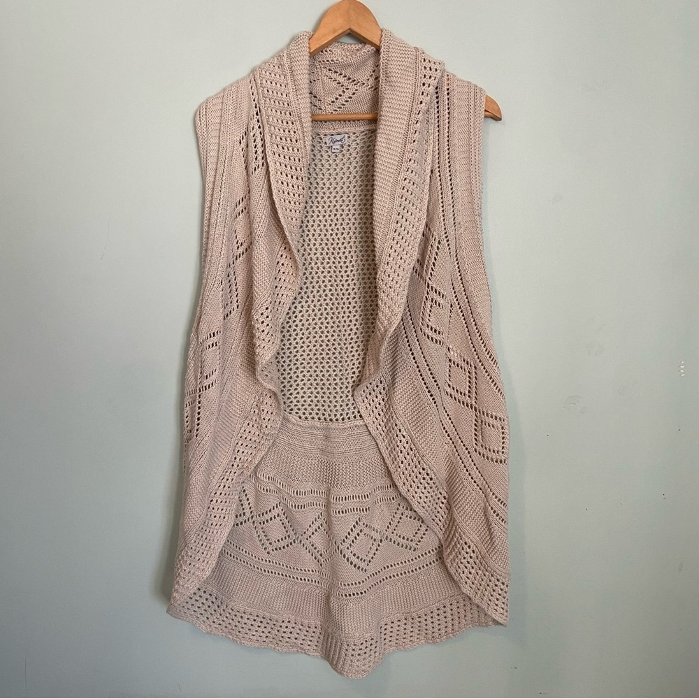 Kismet Crochet Knit Open-Front Sleeveless Cardigan Vest in Light Beige